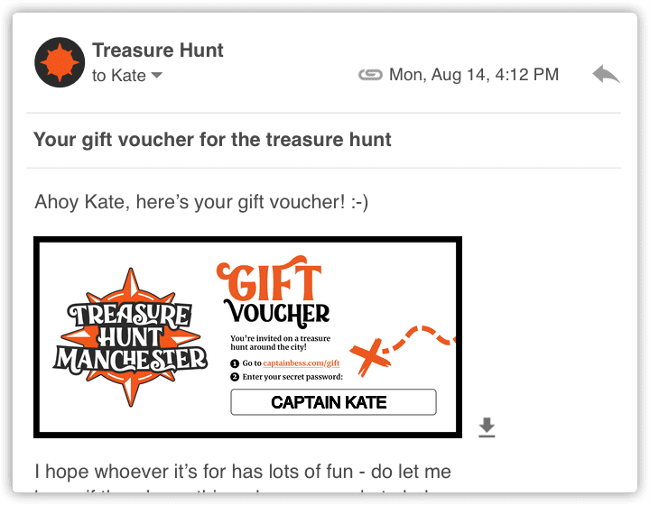 A screenshot of an email containing a digital gift voucher for Treasure Hunt Manchester.